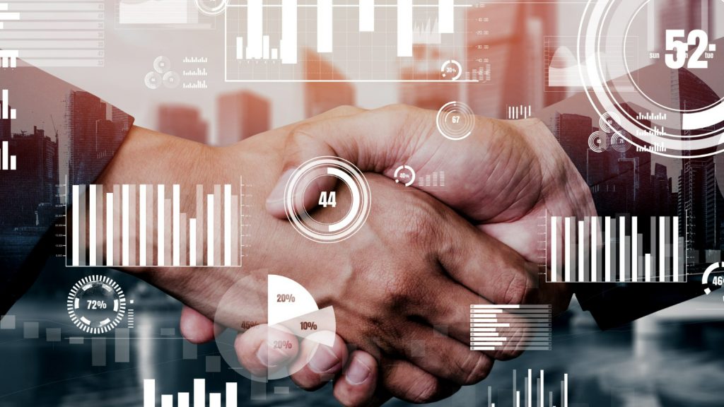 conceptual business handshake with dashboard financial data analysis